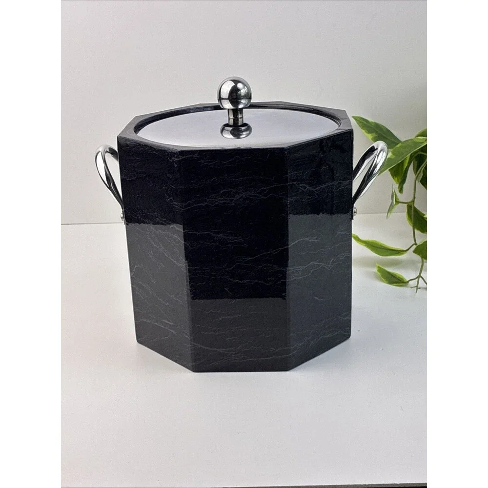 Ice Bucket Vintage 80s Elegance Kraftware Black Marble Silver Lid Handle USA